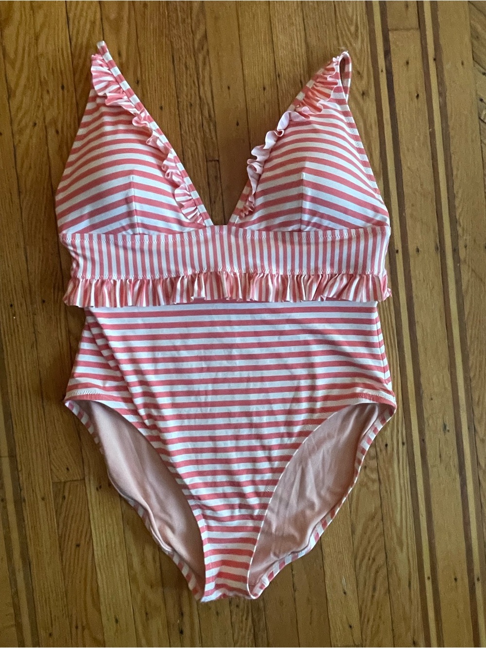 J. Crew, Size 14, Pink and White Striped Ruffle One-Piece Swimsuit - Picture 7 of 8